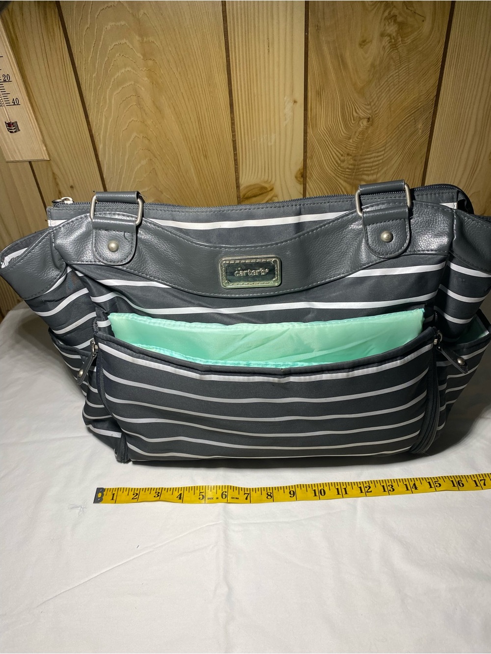 Carter's Gray Striped Diaper Bag with Mint Liner